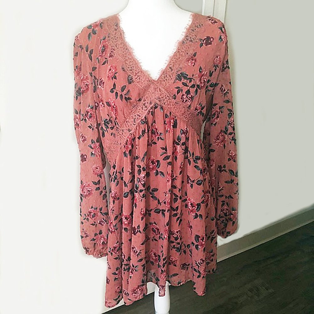 Xhilaration Long-Sleeve Rose Floral Boho Dress
